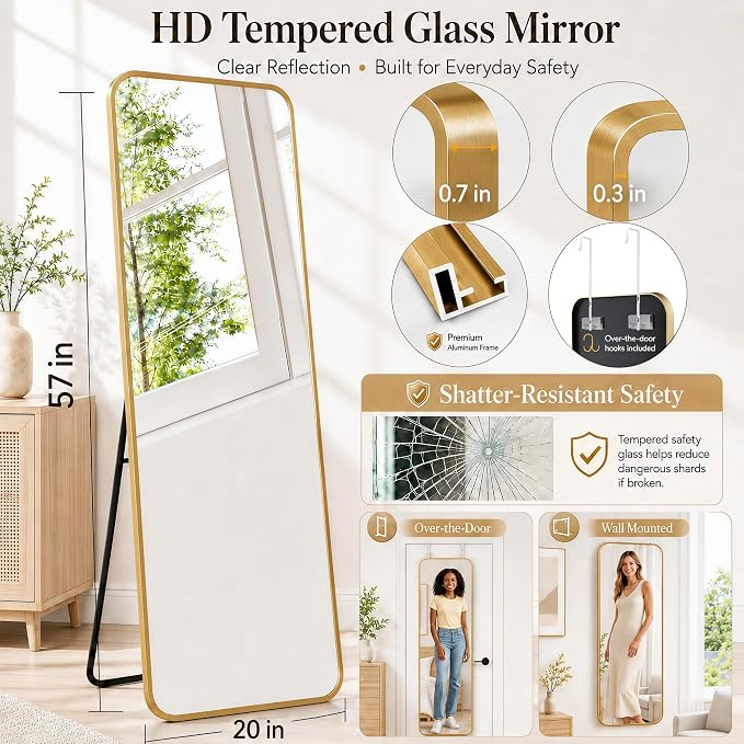 SCWF-GZ 57x20 Full Length Mirror Over The Door Hanging, Floor Stand/Wall Mounted Aluminum Alloy Frame Dressing Mirror for Bedroom Living Room 57 inch Gold