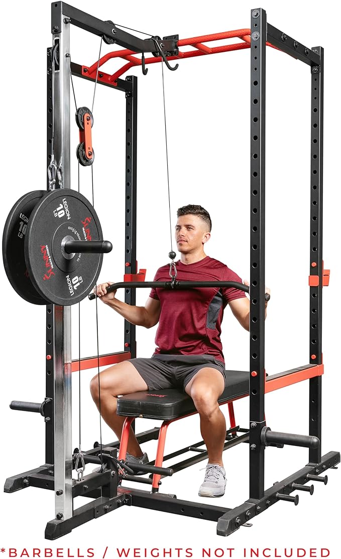 Sunny Health & Fitness Power Zone Strength Rack Power Cage - 1000 LB Weight Capacity, Spotter Bar, Angled Pull-Up Bar, J-Hooks, Resistance Band Pins, Optional LAT Pull Down