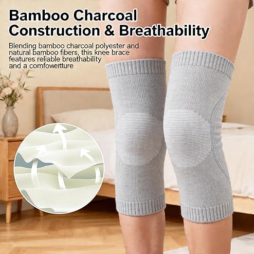 Premium Bamboo Knee Compression Sleeve, 2 Pair Slip-One Knee Support, Elastic Warm Knee Brace for Knee Pain, Joint Recovery, Sports, Daily Wear for Adults (Black+Gray, Large)