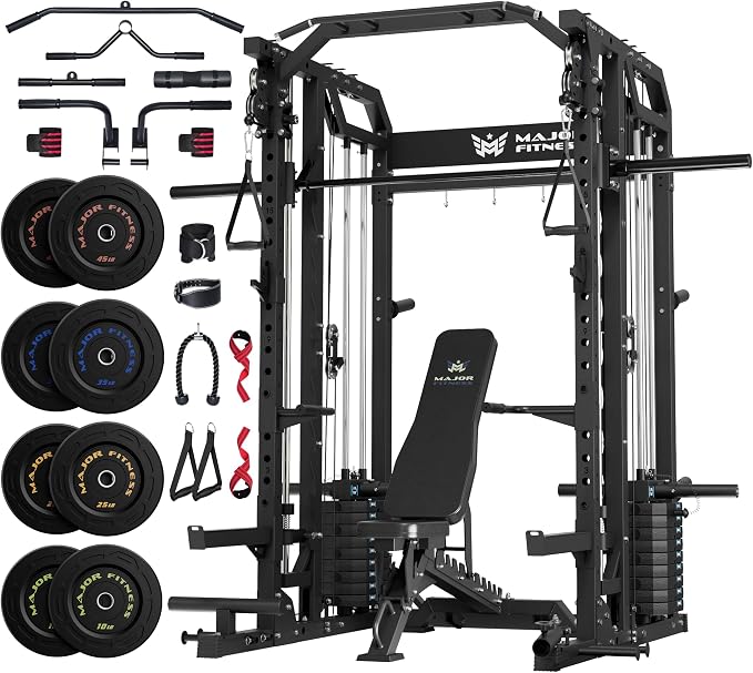 Major Fitness Drone2 Advanced Training Smith Machines– All-in-One Home Gym Squat Rack with Aluminum Pulley Set , Weight Bar, Dual LAT Pull-Down Systems & Cable Crossover Machine for Full-Body Workouts