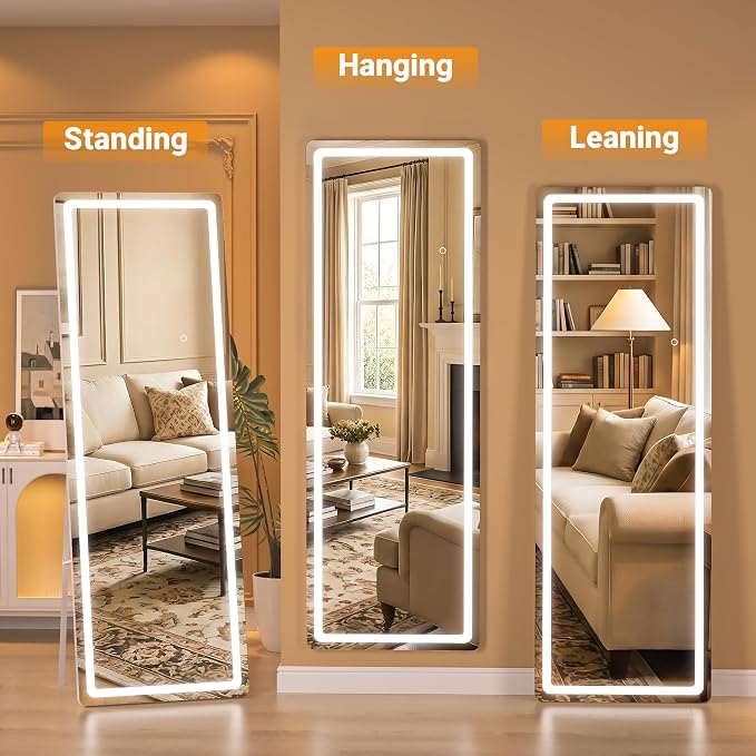Full Length Mirror with Lights, 56" x 15.8" LED Lighted Floor Standing Body Mirror, Dimmable & 3 Color Lighting for Cloakroom, Dressing Room, Tempered Glass, Rounded Corner Black