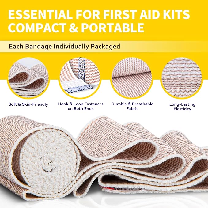 FRESINIDER Premium Elastic Bandage Wrap 4 Inch, 18 Pack, Hook and Loop | All-Purpose 4-Inch Cotton Compression Wrap for Knee, Calf and Elbow; Bulk Box for Clinics, Teams and First-Aid Stations.