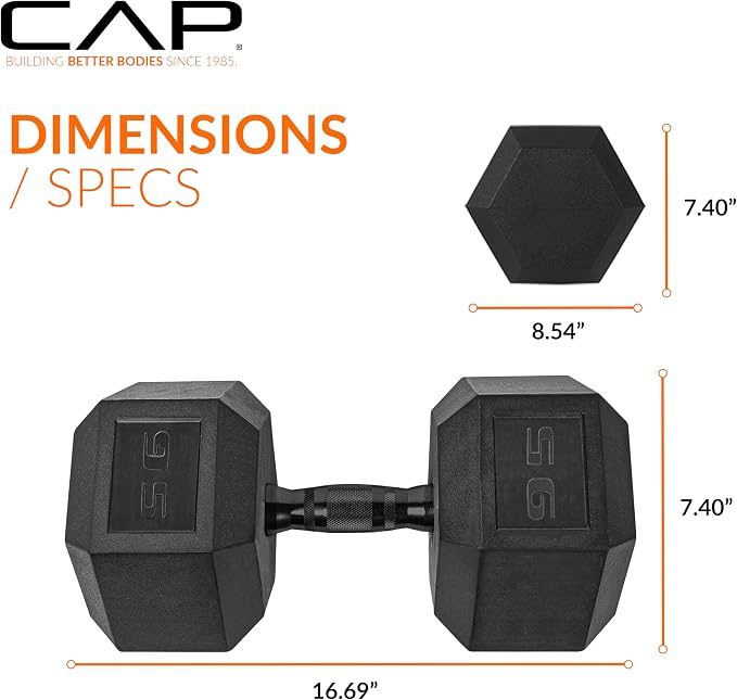 CAP Rubber Coated Dumbbell Weights, Free Weights for Home Gym Strength Training, Anti-Roll Hex Dumbbells with Black, Chrome & Comfort Grip Handles, Singles
