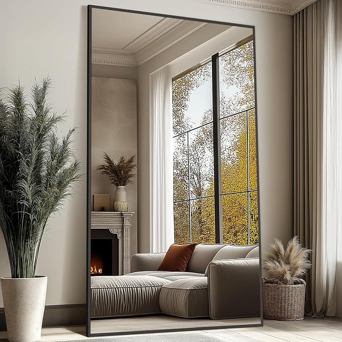 Mirrorons 82"x44" Oversized Black Full Length Mirror, Floor Standing or Wall Mounted with Hanging Kit, Shatterproof Tempered Glass Mirror for Living Room, Bedroom, Dressing Room, Gym