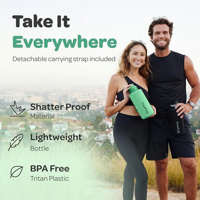 Hydracy 2L Large Water Bottle, Shatterproof, BPA Free Tritan Plastic, Leakproof, Zero Condensation, With Detachable Carry Strap, Spillproof Lid, Convenient Silicon Spout, Ideal for Gym, Yoga | Leakproof,BPA Free,No Sweat Neoprene Sleeve,Carry Strap,Dai...