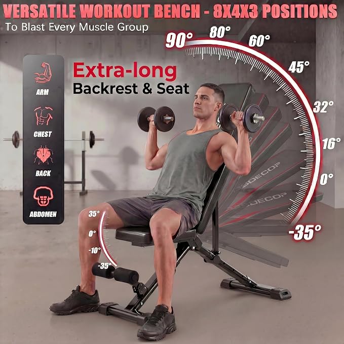 OPPSDECOR Adjustable Weight Bench, 900LBS Foldable Workout Bench | 8+4+2 Positions, 18.5in Seat Height, 20in Rear Base, Folds to 33x8x12in, Flat Incline Decline Bench Press, Under 1-Min Setup