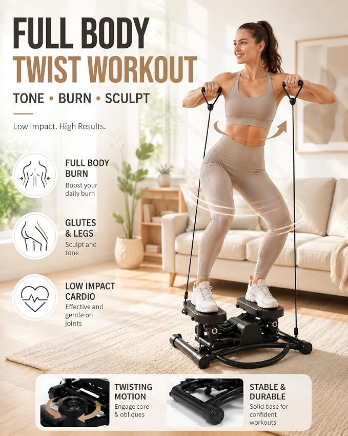 Rock Stepper Side to Side - Mini Stepper Exercise Machine for Home Workout, Rocking Stair Stepper with Resistance Bands & Mat, Portable Workout Equipment & Balance Board Alternative for Adults