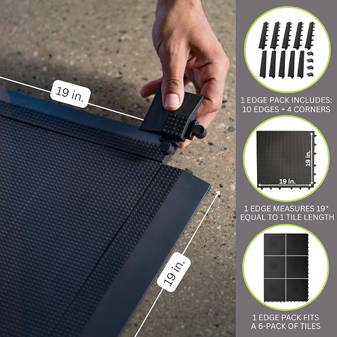 Baselayer Interlocking Floor Tile Trim Pieces - Beveled Edges and Corners - Durable ½ in TPE (Rubber Like, NOT Foam, no Odor) - 10 Edges and 4 Corners - Made in USA