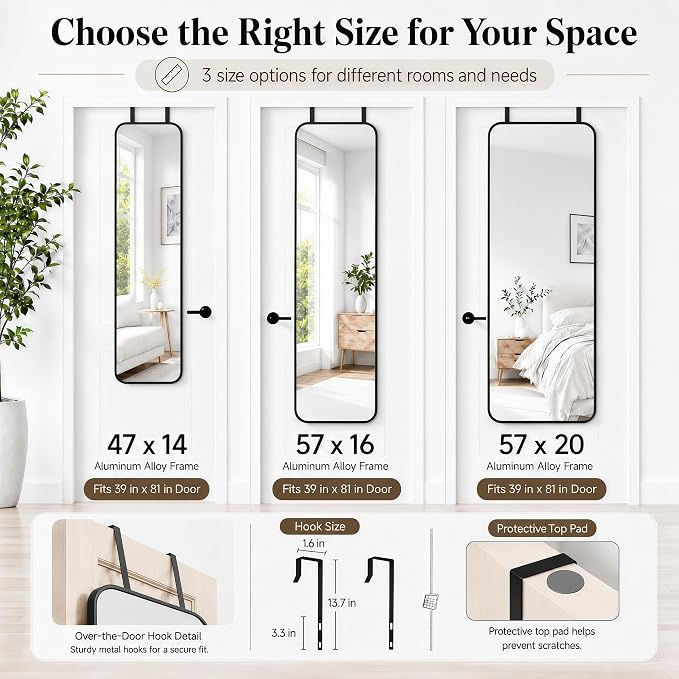 SCWF-GZ 57x20 Full Length Mirror Over The Door Hanging, Floor Stand/Wall Mounted Aluminum Alloy Frame Dressing Mirror for Bedroom Living Room 57 inch Black
