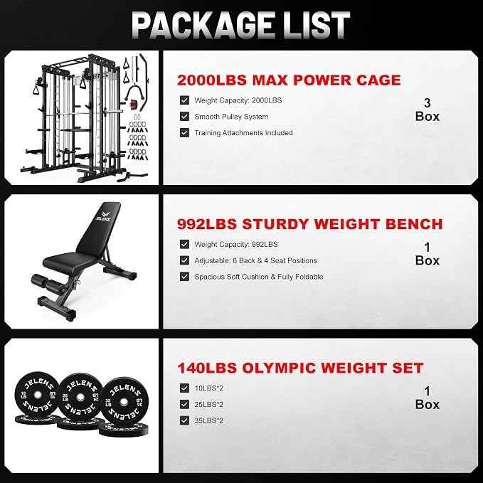 JELENS Smith Machine for Home Gym, Multi-Function M12 Power Cage with Cable Crossover System, Squat Rack with Smith Bar and More Attachment