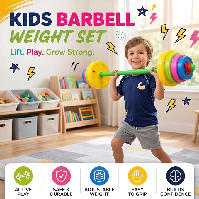 Liberty Imports Kids Barbell Weight Set - Adjustable Workout Toy Equipment for Children Pretend Play Exercise - Toddler Beginner Gym, Fitness, Weightlifting and Powerlifting (32 inches), multicolored