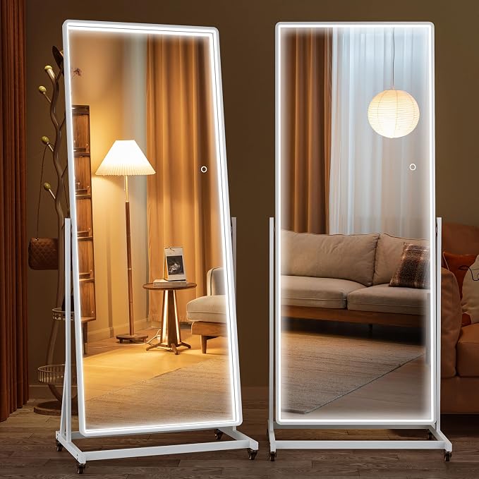 71"x24" LED Full Length Rolling Mirror 360° Rotate, Dimmable | Tempered glass & metal frame, 3-color dimmable lighting, swivel & lockable wheels, ideal for dance studio & cloakroom