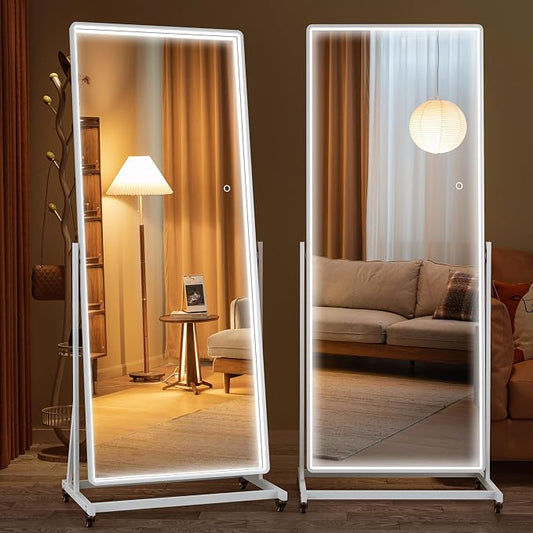71"x24" LED Full Length Rolling Mirror 360° Rotate, Dimmable | Tempered glass & metal frame, 3-color dimmable lighting, swivel & lockable wheels, ideal for dance studio & cloakroom