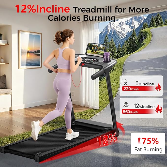 Treadmill with Incline Foldable Treadmills for Home，12% Incline Walking Pad Treadmill with Handle Bar and LED Display，3-in-1 Portable Treadmills, 3.0HP Quiet Brushless