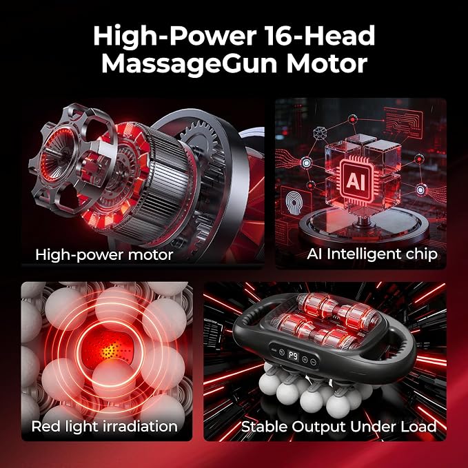 16 Head Massage Gun, Deep Tissue Percussion Massager for Athlete with 9 Modes & 9 Speeds, Portable & Quiet Handheld Electric Muscle Massager for Back, Neck and Shoulder