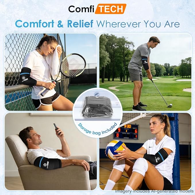 ComfiTECH Dual-Gel Elbow Ice Pack Wrap for Arm with 30-Min Cooling, M, 2P | Reusable Gel Forearm Brace for Tendonitis & Injuries, Cold Compression Sleeve for Pitchers, Tennis Elbow & Golfer Arm Relief