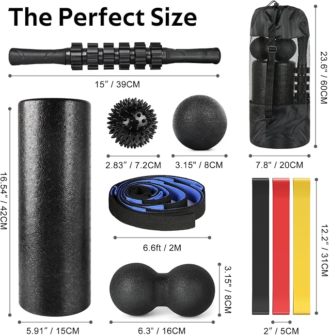 7 in1 Foam Roller Set for Deep Tissue Muscle Massager - High Density Back Roller, Muscle Roller Stick, Resistance Bands, Foot Massage Ball, Stretching Strap for Exercise, Whole Body Physical Therapy