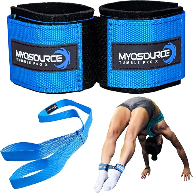 Tumble Pro X Ankle Straps Kit – Cheerleading Standing Tumbling Equipment, Gymnastics Backhandspring Trainer – Includes Flexibility Stunt Stretch Strap – Blue, Pink, Purple