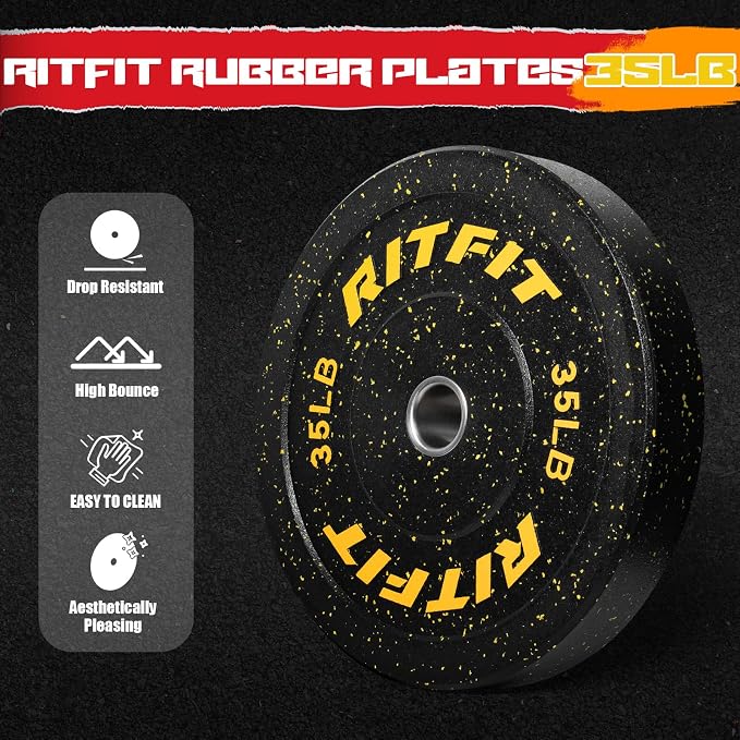 RitFit Bumper Plates, Colored Fleck-Rubber Weight Plates with Steel Insert, 2-inch Olympic Weight Plates for Weight Lifting and Strength Training