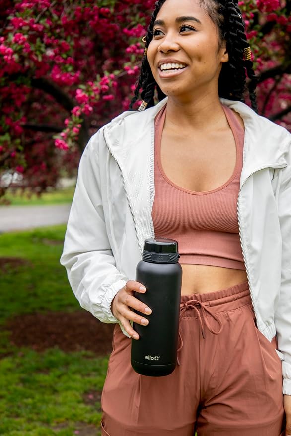 Ello Cooper 40oz Stainless Steel Water Bottle with Straw and Carry Handle, Double Walled and Vacuum Insulated Metal, Leak Proof Locking Lid with Soft Silicone Spout, Reusable, BPA Free, Black