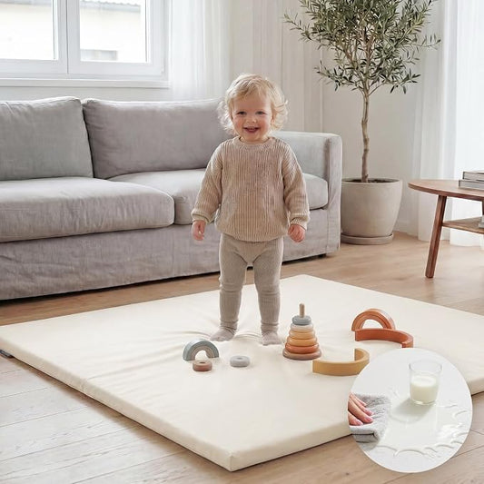 Huloo Sleep Baby Play Mat 50x50 Inches, 1.3" Thick Padded Waterproof Floor Cushion & Playpen Mat with Vegan Leather, Non-Slip & Non-Toxic Nursery Rug for Infants, Toddlers & Kids(Cream)
