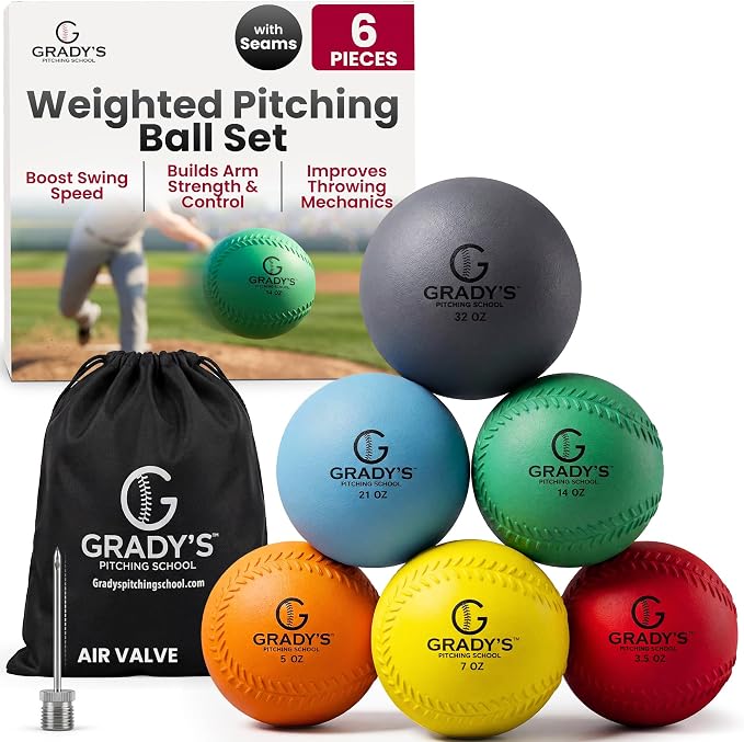 Grady's Pitching School Weighted Velocity Training Ball Set – Seam & Seamless Options for Pitching & Arm Strength + Set of 6 Balls + Carrying Case