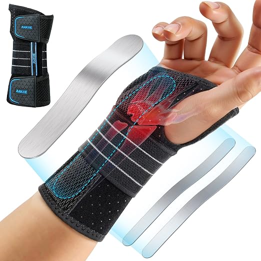Rakiie Carpal Tunnel Wrist Brace, Adjustable Night Wrist Support with 3 Metal Splints, Hand Brace for Men Women No Pressure on Thumb, Splint Stabilizer for Work, Arthritis (Right Hand, Blue, Small)