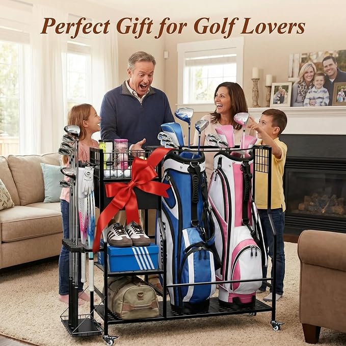 Faesun Golf Bag Organizer for Garage, Golf Bag Storage Rack with 6 Club Slots, Golf Club Organizer with Fabric Drawer & Wheels, Golf Storage Organizer Holds 2 Bags, Golf Rack Storage System