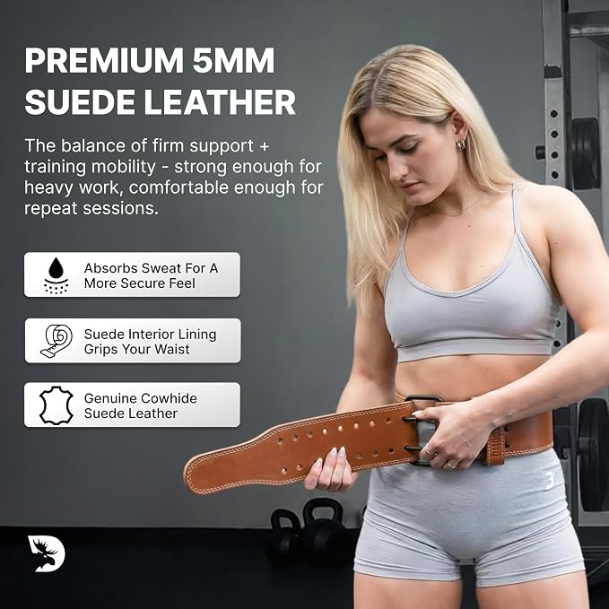 DMoose Fitness Weight Lifting Belt for Lower Back Support - 5mm Thick Genuine Leather Gym Belt for Squats, Deadlifts & Powerlifting - Double Prong Buckle with 10 Holes Adjustability for Men & Women