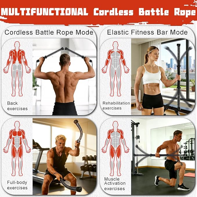 2-in-1 Ropeless Battle Rope & Vibration Bar, Portable Cordless Fitness Ropes for Home Gym, Strength Building, HIIT Training & Low-Impact Aerobic Training for Men and Women