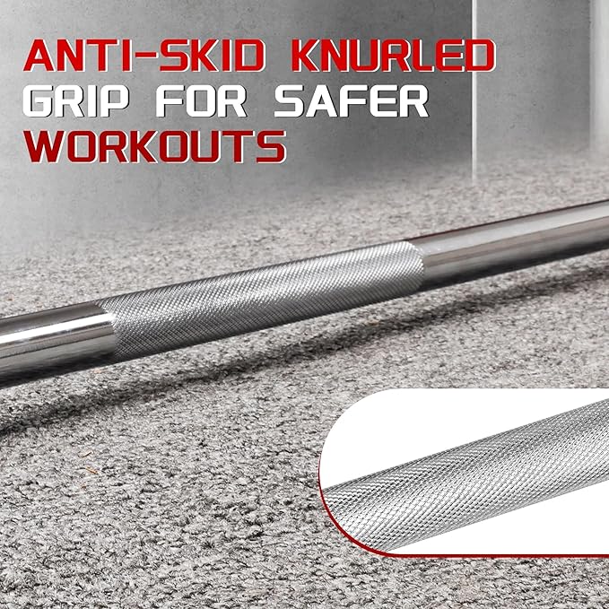 Available in 5FT and 7FT, Straight Barbell Bar, 1-Inch Standard Diameter, Alloy Steel, Black Finish, 300LBS Weight Capacity, Chrome Surface, Diamond Knurling, Anti-Skid Grip,