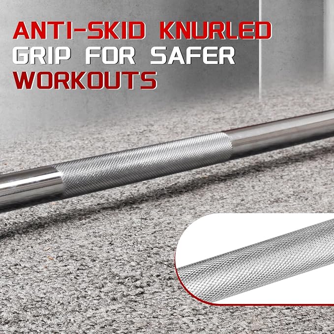 Available in 5FT and 7FT, Straight Barbell Bar, 1-Inch Standard Diameter, Alloy Steel, Black Finish, 300LBS Weight Capacity, Chrome Surface, Diamond Knurling, Anti-Skid Grip,