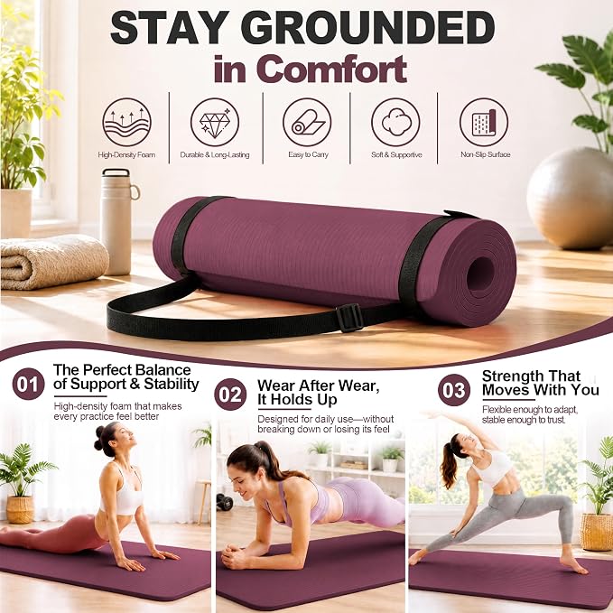 HULKFIT High Density Non Slip Yoga Mat, Extra Thick Exercise Mat with Carrying Strap, for Pilates, Fitness, Home Gym & Floor Workouts - Multiple Thickness & Multiple Color