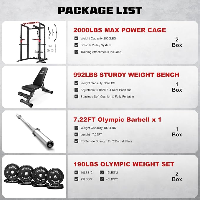 JELENS S11 Power Cage, 2000LB Multi-Function Power Rack with LAT Pulldown, Squat Rack with Adjustable Pulley System and Training Attachments, Weight Rack for Home Gym