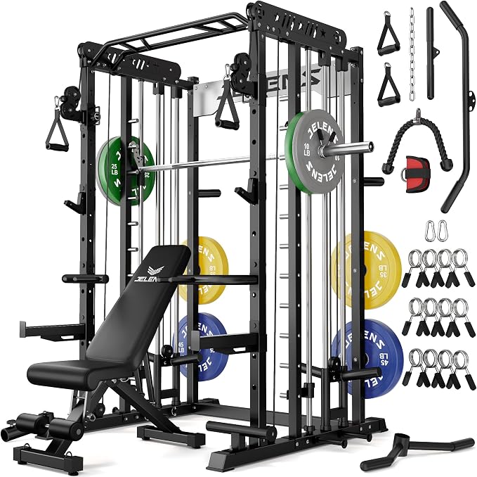 JELENS Smith Machine for Home Gym, Multi-Function M12 Power Cage with Cable Crossover System, Squat Rack with Smith Bar and More Attachment