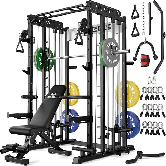 JELENS Smith Machine for Home Gym, Multi-Function M12 Power Cage with Cable Crossover System, Squat Rack with Smith Bar and More Attachment