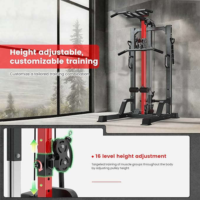 Pull Up Bar Power Tower Dip Station with Cable Machine, 450LB Home Gym | Pull up bar, dip station and 16-position cable system for pull ups, dips, lat pulldowns, rows and full-body training
