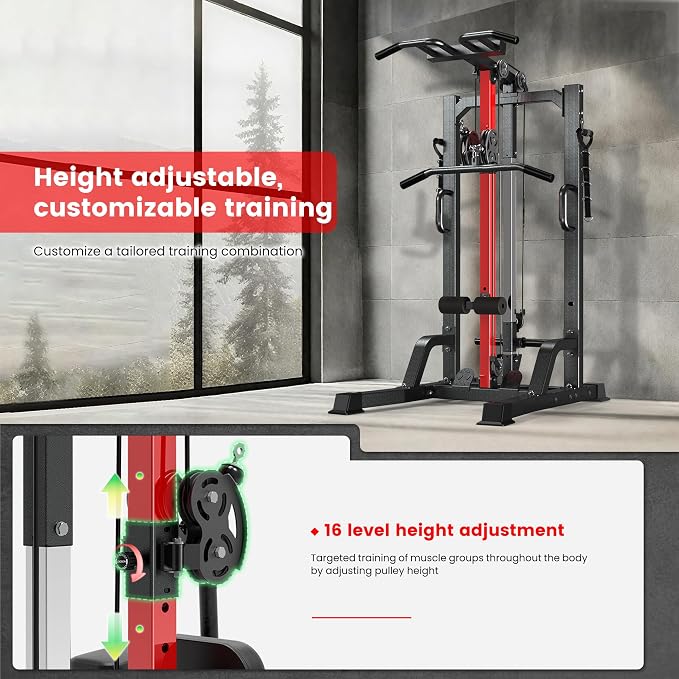 Pull Up Bar Power Tower Dip Station with Cable Machine, 450LB Home Gym | Pull up bar, dip station and 16-position cable system for pull ups, dips, lat pulldowns, rows and full-body training