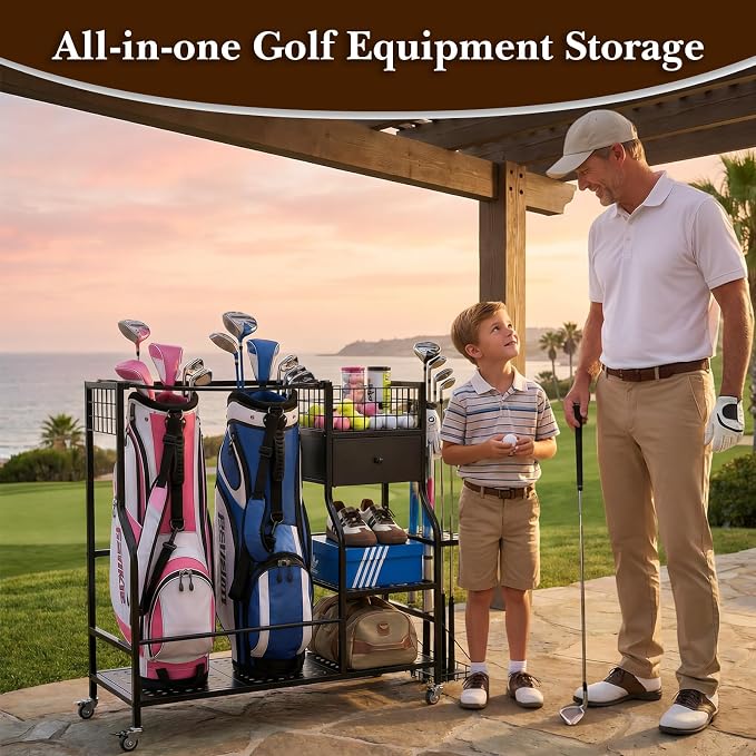 Faesun Golf Bag Organizer for Garage, Golf Bag Storage Rack with 6 Club Slots, Golf Club Organizer with Fabric Drawer & Wheels, Golf Storage Organizer Holds 2 Bags, Golf Rack Storage System
