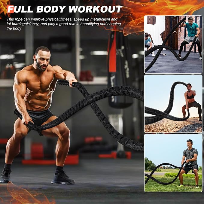Battle Ropes for Home Gym Exercise: 1.26 Inch Diameter 30FT Length Workout Rope Exercise Rope Training Ropes with Protective Sleeve for Kids Men Women Exercise Fitness & Strength Training
