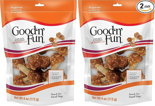 Good 'n' Fun Chicken Flavored Dumbbells 4 Ounces, Rawhide Snacks for Small Dogs (Pack of 2)