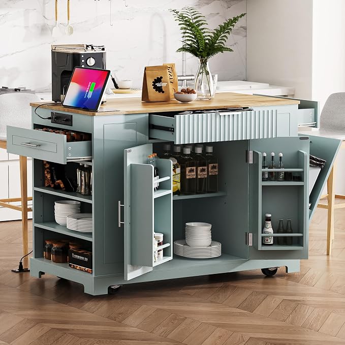 Merax Fluted Kitchen Island with Trash Can Storage Cabinet, Power Outlet, Internal Storage Rack, Rolling Kitchen Storage Cart on 5 Wheels with 3 Drawer, 3 Open Side Racks, Gray