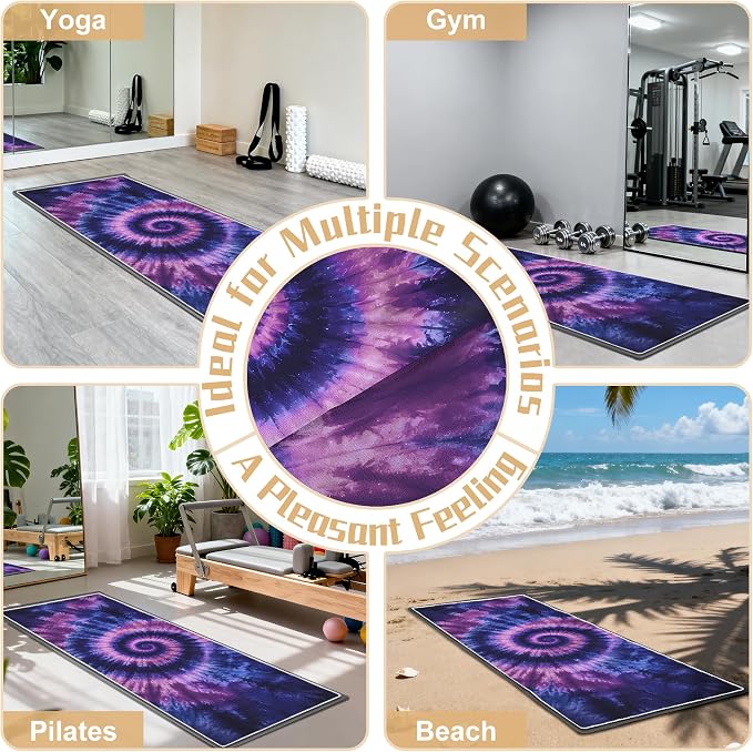 Yoga Mat Towel Non Slip Ultra-Absorbent Hot Yoga Towel, Super Stylish Printed Sweat Hot Yoga Towel, Ideal for Home, Workouts, Pilates, Yoga, 72 x 27in, Purple & Black Tie Dye
