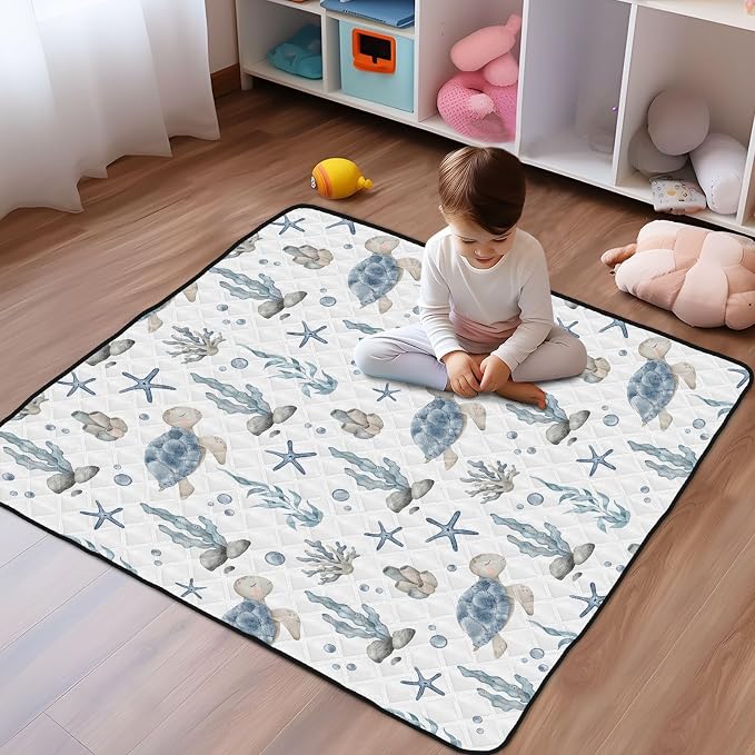 Baby Play Mat Sea Turtle Seashell Starfish 50" X 50" Play Gym Crawling Mat Soft Non-Slip Portable Picnic Floor Mat for Infant, Babies, Toddler, Kids