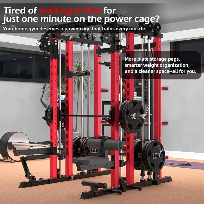 Power Rack and Smith Machine, Multi-Functional Power Cage with LAT Pulldown | All-in-One Squat Rack with Cable Pulley System, 2000LBS Weight Rack with Training Attachments for Home Gym