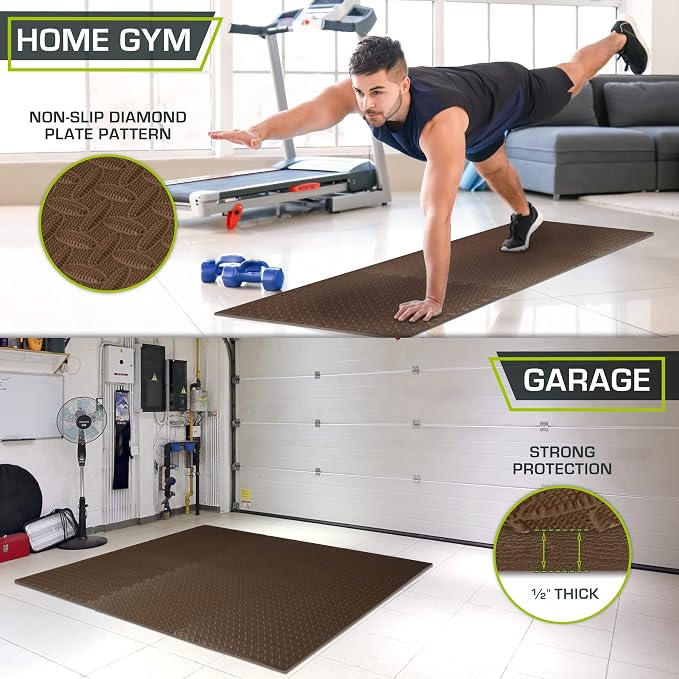 ProsourceFit Exercise Puzzle Mat 1/2-inch, EVA Interlocking Foam Floor Tiles for Home Gym, Workout Equipment, Kids Play Areas, Brown, 24 Sq Ft - 6 Tiles