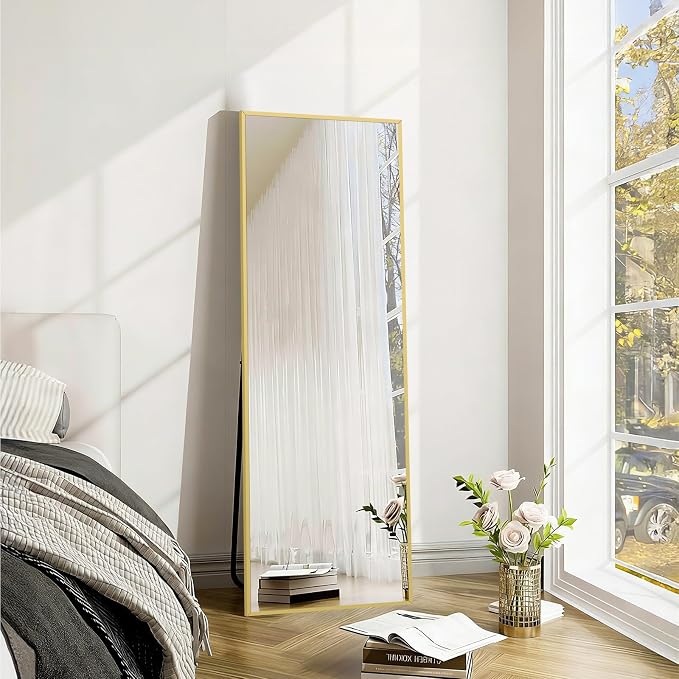 Mirrorons 56"x18" Full Length Mirror, Floor Standing or Wall Mounted with Hanging Kit, Shatterproof Tempered Glass Mirror for Living Room, Bedroom, Dressing Room, Gym (Gold)
