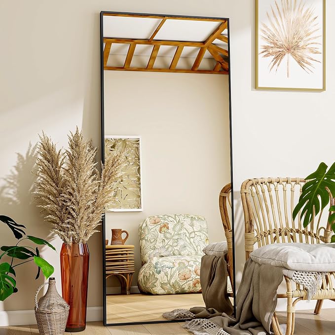 VooBang Mirror Full Length - 21" x 57" Floor Mirror with Stand Black | Aluminum Alloy Frame Full Body Dressing Mirror, Standing Hanging or Leaning Against Wall for Bedroom Living Room