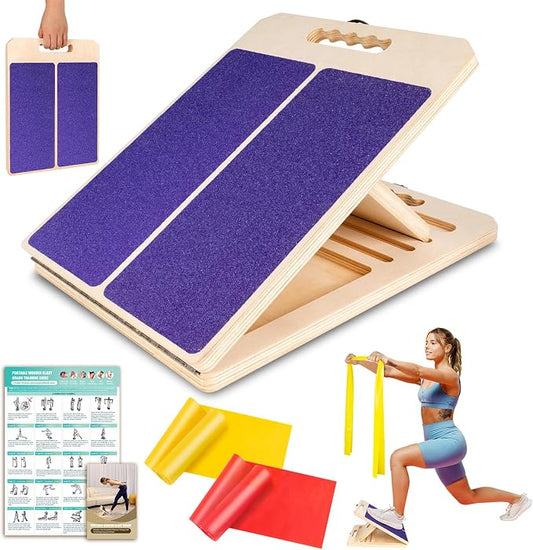 Wooden Slant Board for Calf Stretching, Portable Adjustable Calf Stretch Board with Training Poster & Resistance Bands, 300lb Weight Capacity Calf Ankle Achilles Physical Therapy Leg Exercisers