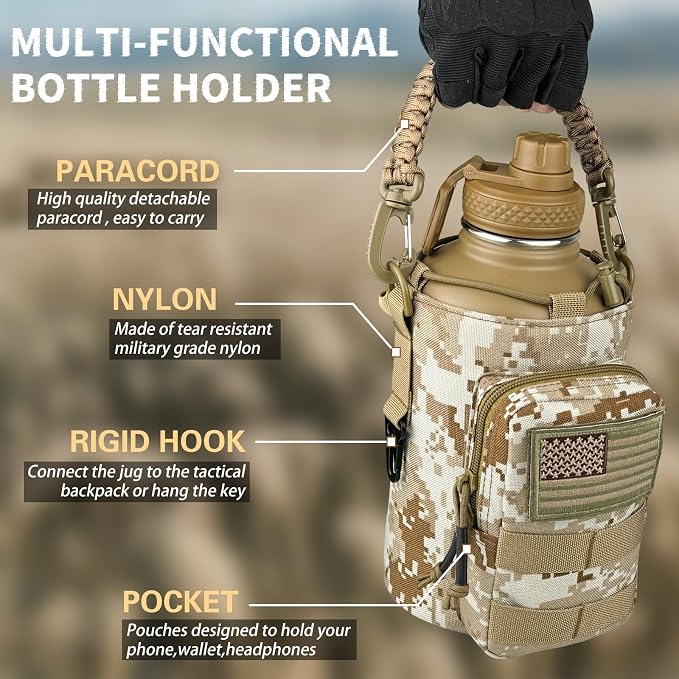 DEFUNX Half Gallon Water Bottle Insulated with Sleeve - Tactical 64 oz Stainless Steel Water Jug with MOLLE Water Bottle Pouch, Gym Water Bottles for Men Hiking Workout (Desert Digital Camo)
